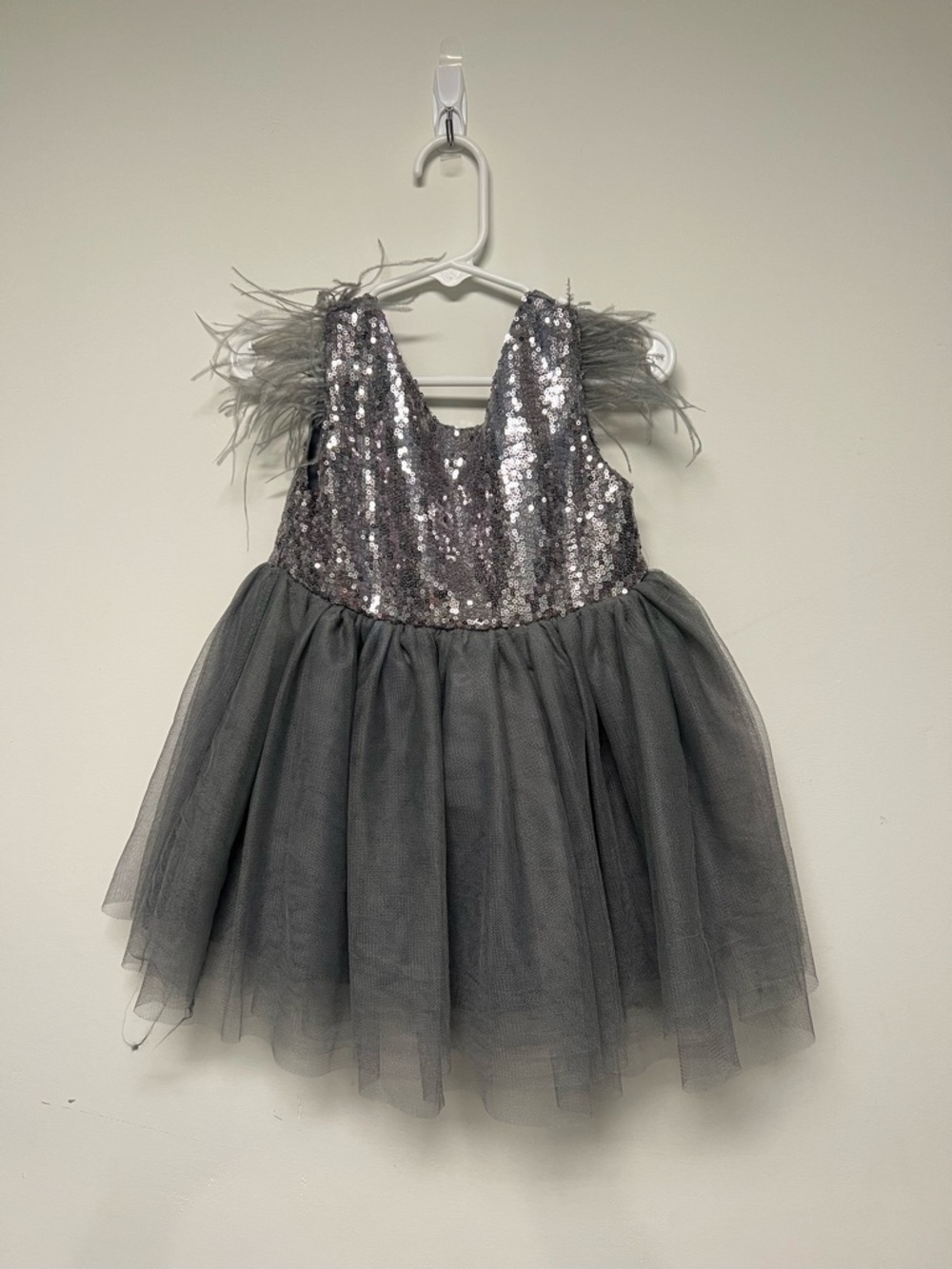 Silver Sequin Tulle Party Dress with Feather Shoulders